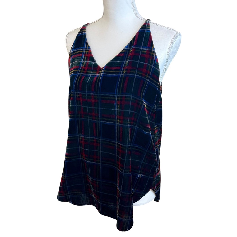 LOFT‎ Holiday Plaid Velvet Tank Top Sleeveless V Neck Casual Party Top XS